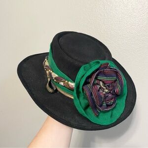 Vintage Pigalle Black and Green Decorative Felt Western Made in Mexico Hat 7 1/4
